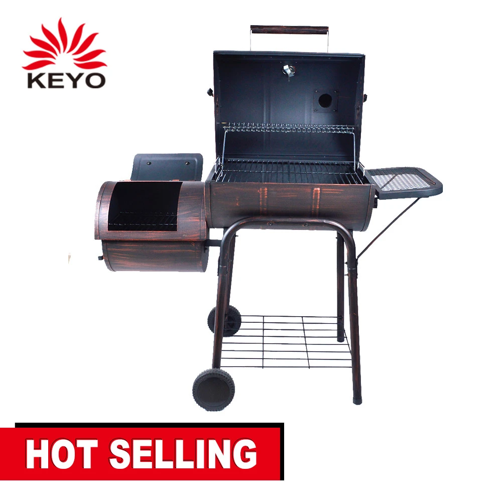 Outdoor wood barrel shape pellet tube smoker hopper bbq barbecue grill with trolley for backyard