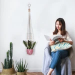 Plant Hanger Indoor Outdoor Hanging Planter Basket Cotton Rope Wooden Beads Flower Pot Holder Boho Home Decor
