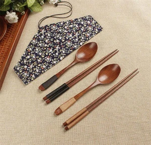 Portable Dinner Set Wooden Spoon Fork Chopsticks Travel Cutlery Set With Pouch