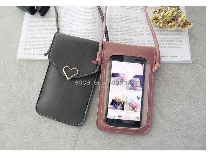 PU Leather Phone Carrying Case Cellphone Pouch Shoulder Bag Mini Phone Purse Wallet for Travel Shopping Blue