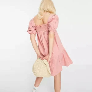Puff Sleeve Cotton Poplin Mini Dress in Pink