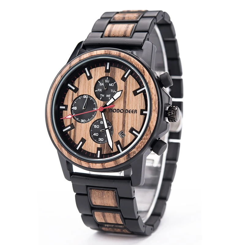 Relogio Masculino Luxury Luminous Stainless Steel Mens Fashion Natural Black Wooden Wrist Watch Custom Logo