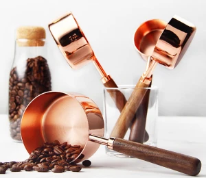 Rose gold Stainless Steel With walnut Handle Measuring Cups and Spoons set of 4 Engraved Measurements