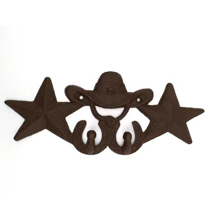 Rustic Cast Iron Cowboy Hat &amp; Star Wild West Wall Hangers Double Hook