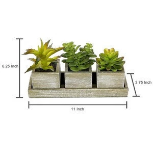 Set of 3 Realistic Artificial Succulent Plants Rustic Style Brown Wood Square Planter Pots / Rectangular Tray