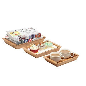 Set of 3 small natural bamboo nesting organize decorative wooden trays with handles