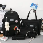 Spring New Canvas Backpack Womens Korean Version Large Capacity Five-Piece Set Middle School Student Backpack