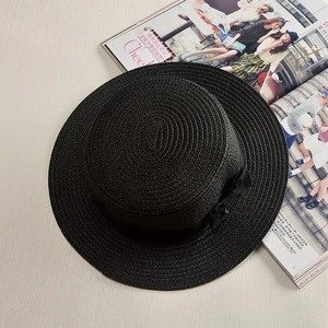 Summer Female Children Foldable Hand-knitted Sunshade Boater Hats Flat Top Bowknot Beach Caps Plain Straw Hat