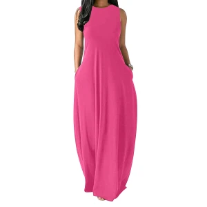 Summer Maxi Dress 2021 Women Sundress Solid Color Loose Pockets Ladies Solid Color Long Dress Women Fashion Casual Maxi Dresses