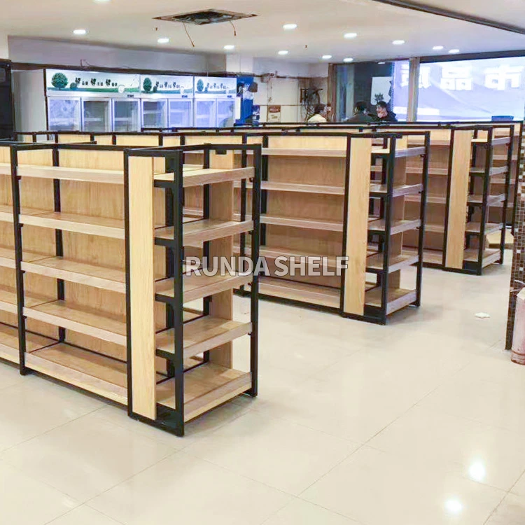 Supermarket shelves display shelves commissary convenience store multi-layer  steel-wood combined shelves