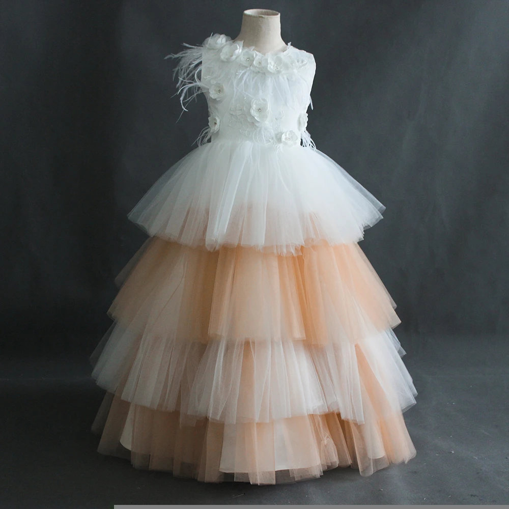 two tone luxury champagne fluffy flower girl dress with layers tulle outer and hard tulle inner