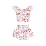 TZ-108-YXL  2pcs/set Ruffle shirts & flutter High waist shorts set  kids smoked clothing sets