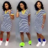 V Neck Printed Stripped Colour Sheath Dress Clubwear Woman Maxi Party Short Sleeve Dresses Casual Style Midi T Shirt Dress