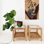 Vintage style glass console table with woven natural rattan bookcase corner table luxury home decoration