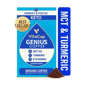 VitaCup Genius Blend Ground Coffee Bags with MCT, Turmeric, Cinnamon, &amp; Vitamins for Energy &amp; Focus [96 oz; (8) 12 oz. bag]