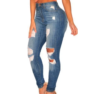 Wholesale Blue Medium Wash Blank Denim High Waist Skinny Jeans