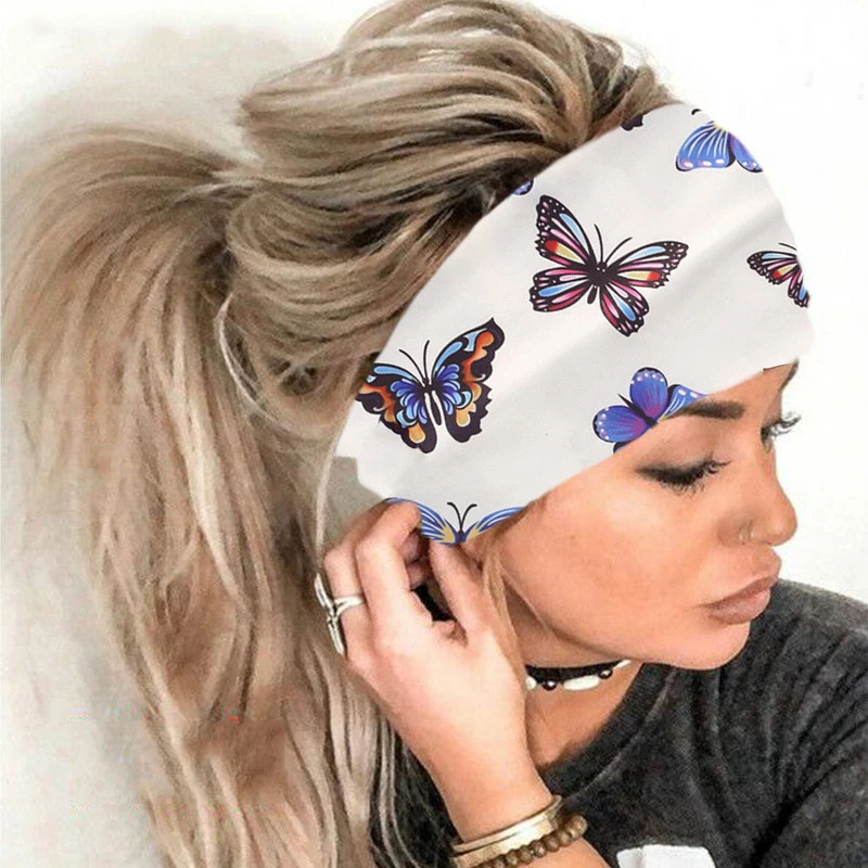 Wholesale Custom Logo Stretchy Sports Wide Elastic Hair Bands Printed Butterfly Sweatband Yoga Designer Headband