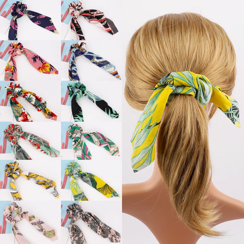 Wholesale Hair ribbon Long ponytail Printed Satin Scrunchies for hair Accessories