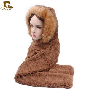 Winter Warm Pocket Earflap Hat Long Hoodie Scarf Shawl Wraps  Neck Warmer Women Faux fur Scarf  Hooded Cap With GlovesKTM-004