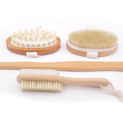 Wooden Bamboo Shower Bath Brushes With Long Handle Home Spa For Body Scrub