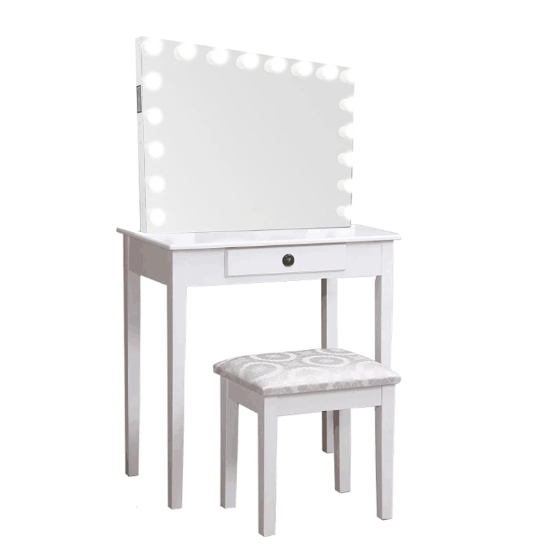 Wooden Dressing Table With Lighted Mirror Furniture,Bedroom Makeup Station Vanity Table With Mirror With Drawers