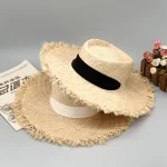 YD209 Outdoor Traveling Women Wide Brim Ribbon Cowboy Cap Natual Paper Flat Panama Hat Summer Sun Beach Raffia Straw Hats