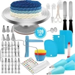109PCS Aluminium rotating cake stand kit fondant cupcake decorating nozzles pastry spatulas comb scraper baking supplie