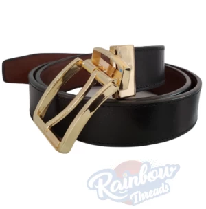 BLACK AND BROWN DOUBLE-SIDED LEATHER BELT IN GOLDEN BUCKLE