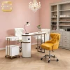 Curved Modern Manicure Table Built-in Power Socket Side Cabinet Storage Grey Metal Frame Oval Smooth Countertop Multifu