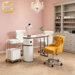 Curved Modern Manicure Table Built-in Power Socket Side Cabinet Storage Grey Metal Frame Oval Smooth Countertop Multifu