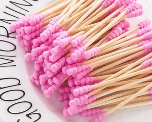 2018 colorful Disposable double-end Wooden Bamboo Stick Cotton Swab 100% Cotton Swab Sticks Bud