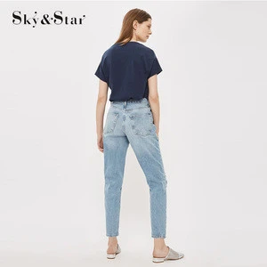 2018 washed ripped denim mom jeans for women