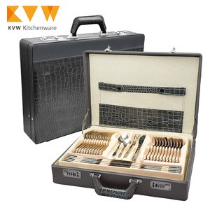 2020 leather case packing gold plated cutlery set 72pcs flatware