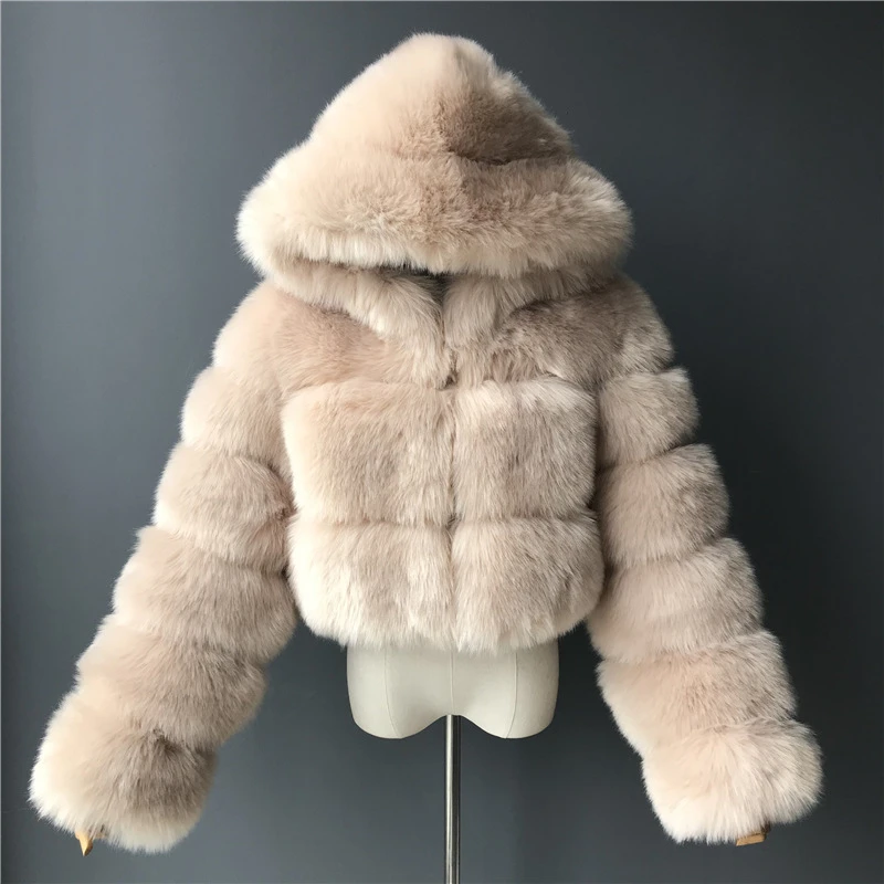 2021 ladys trendy short cropped hooded faux fur jacket women faux fox fur coat