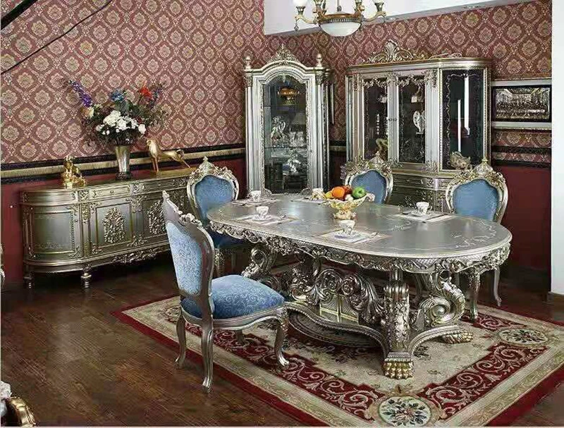 2021 New design luxury solid wood European french style dinning table  and 6 chairs furniture set