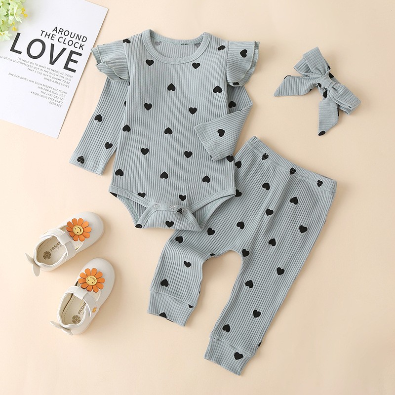 2021 New Spring Baby Girl Boy 3 pcs Coming Home Outfit Long Sleeves Heart Print Bodysuit +Headband+Pants Clothing Set