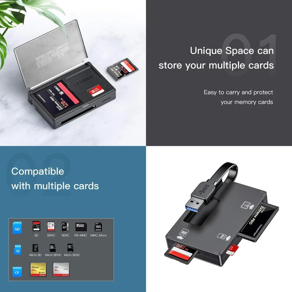 3 in 1 USB 3.0 Memory Card Reader with Card Case Holder Adapter 5Gbps Read 3 Cards Simultaneously for CF,SD,TF