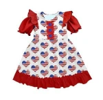 4th of july wholesale girl dress heart national flag printed fluffy sleeves for baby kids infant clothing hot sale