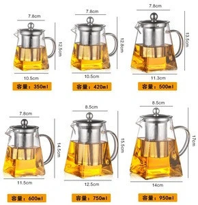 500ml 750ml 1000ml Unique Square High Borosilicate Glass Tea Pot With Stainless Steel Infuser Tea Strainer For Loose Leaf Tea