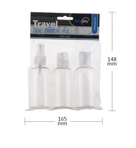 50ml PET plastic cosmetic travel kits with pump spray bottle and press cap bottle