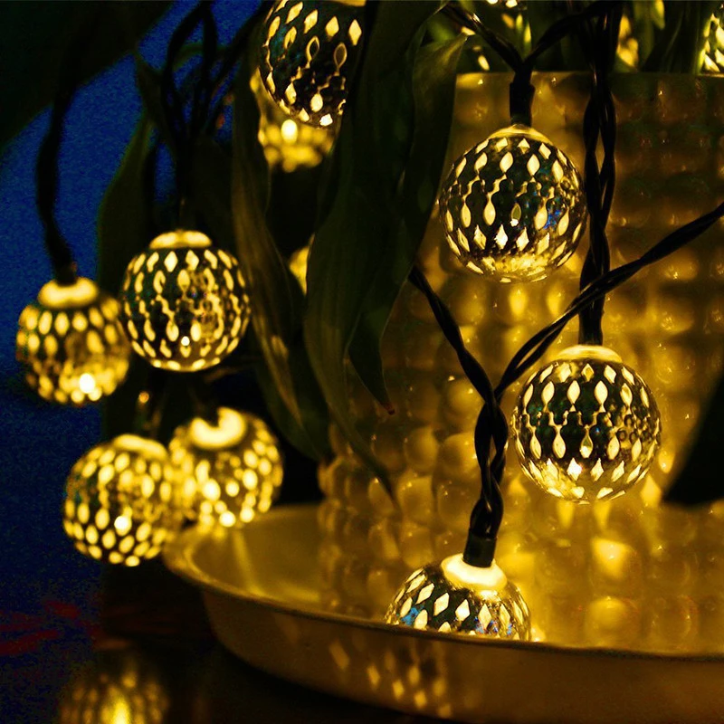 5m 20LED Solar Power Waterproof Golden Round Ball Hollow Craft Decorative String Light for Christmas Thanksgiving Party Birthday