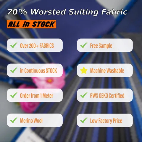70% Wool STOCK Worsted Merino Wool/Polyester Suit Luxury Italian Suiting Fabric Wool Suiting Fabric Men Suits
