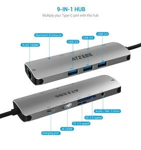 ATZEBE USB-C Hub, 9-in-1 Type C Adapter with USB 3.0 HDMI SD TF 3.5AUX RJ45 PD for MacBook, USB Type C Multiport Adapter