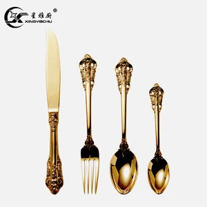Baroque Style Royal Stainless Steel Gold Flatware Set, Gold Cutlery Wedding Flatware Set
