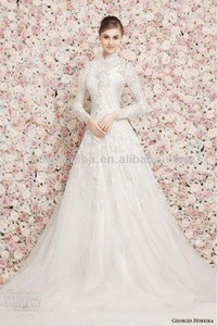 Beautiful A-Line Wedding Dresses With a High Neck Long Sleeve Lace Jacket 2014 Applique Tulle Bridal Gowns NB0140