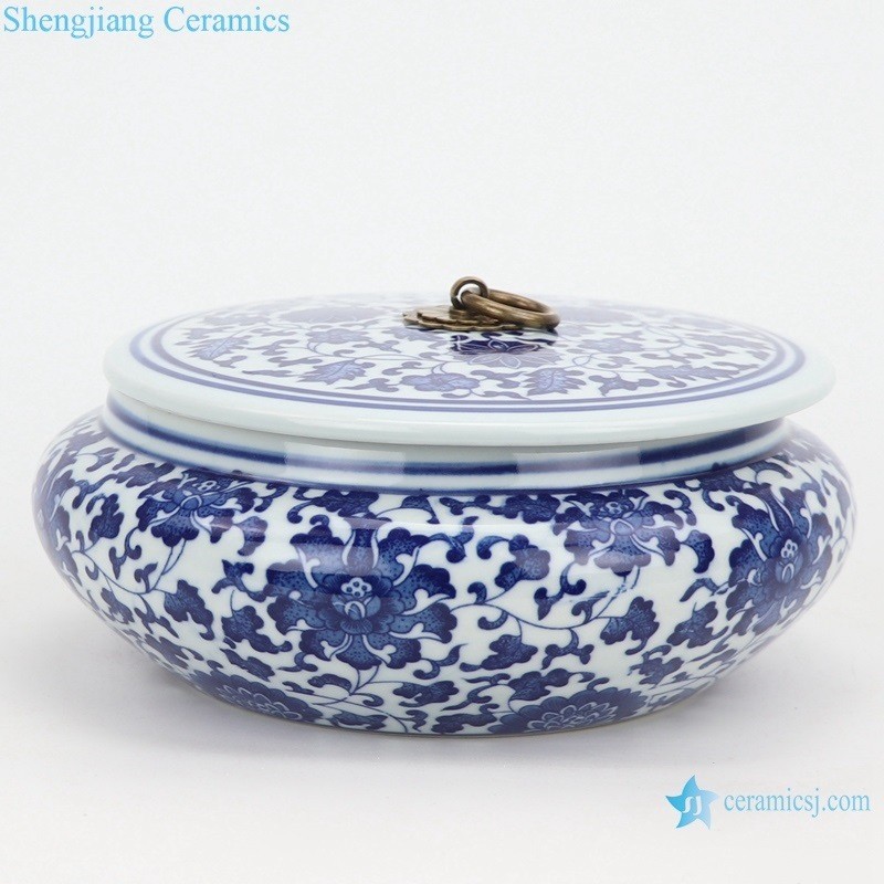 Blue and White Wrapped Lotus Pattern Round Flat Belly Tea Canisters with Copper Ring Lid