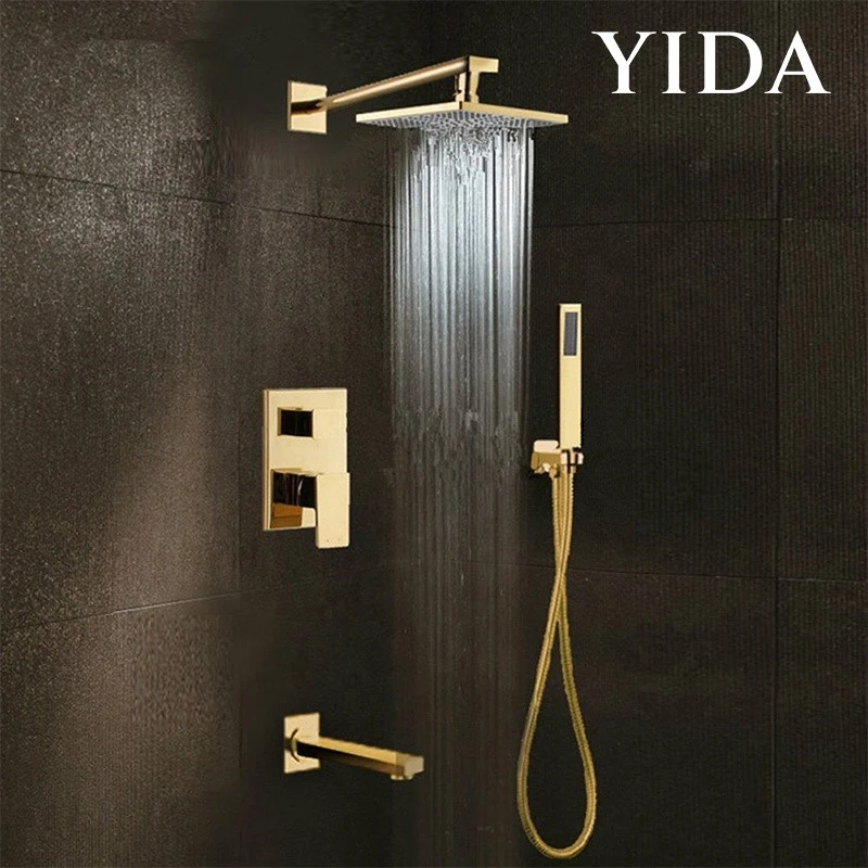 Brushed Gold Bathroom Single Lever Bath Diverter Square Concealed Shower Faucet Mixer With Hand Shower