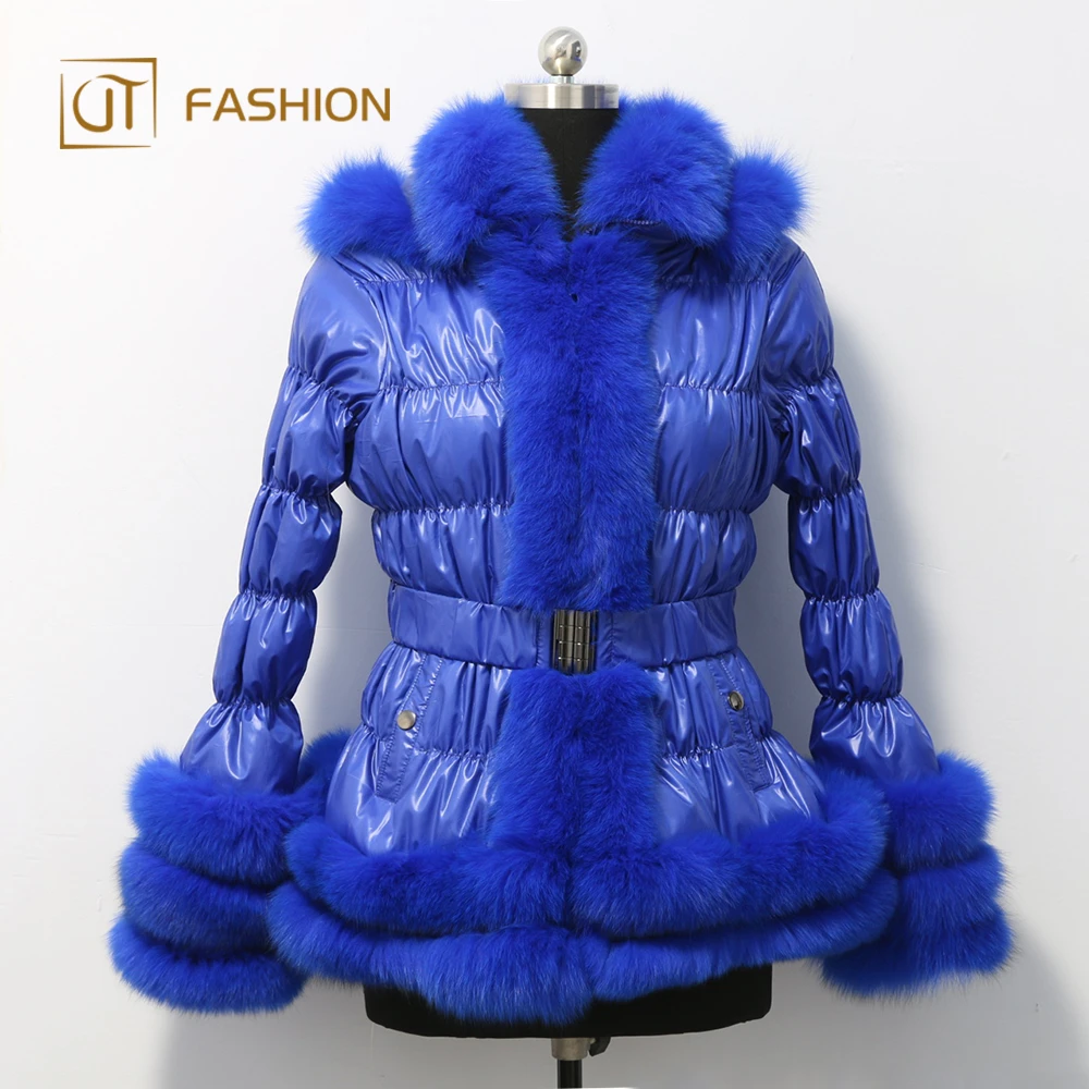 China factory jtfur ladies slim collar cuff fox fur hooded white duck down coat