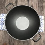 Chinese Style Cast Iron Deep Construction Cast Iron Grilling Wok Pre Seasoned Heavy Duty Frying Pan with Flat Base