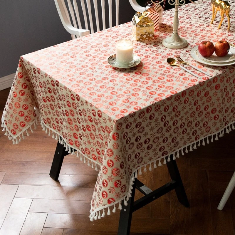 Christmas Cotton And Linen  Tablecloth Bronzing Printed Fringe Lace Anti-wrinkle Dustproof Tablecloth